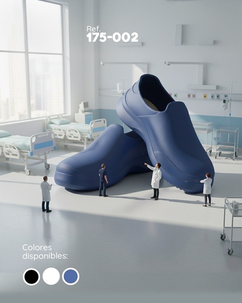 A surreal product ad featuring giant medical clogs in a hospital setting with human-sized staff for visual contrast.