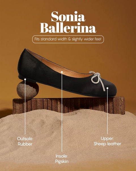 A minimalist, high-contrast studio shot of a ballet flat shoe, using call-out lines to clearly label its material composition and design features.