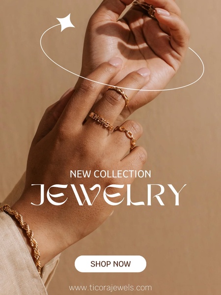 A close-up, warm-toned shot of hands wearing multiple gold rings, featuring a clean layout for a jewelry collection announcement.