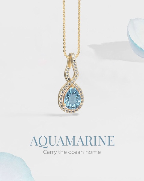 A high-end, clean product shot of an aquamarine pendant on a gold chain against a soft white background, emphasizing simplicity and luxury.