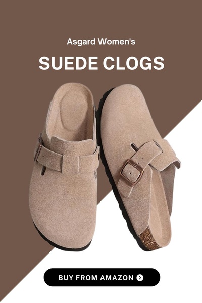 A clean, two-toned aesthetic featuring a high-quality product shot of suede clogs with a clear, direct call-to-action button.