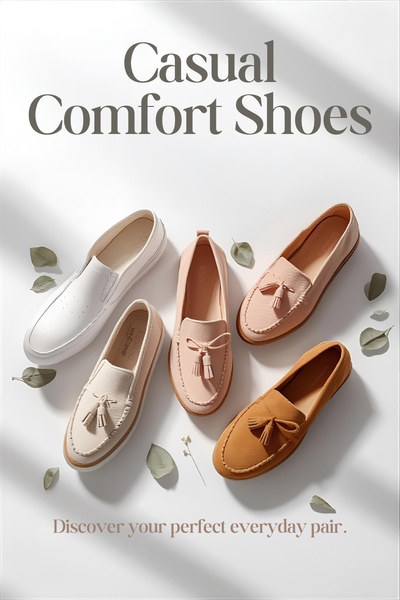 A high-key, minimalist product display of five different casual shoes arranged on a neutral white background with botanical accents.