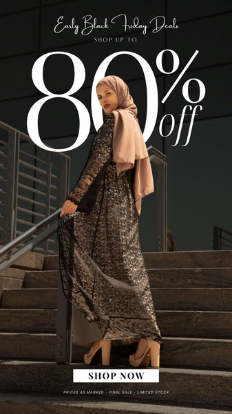 A high-fashion vertical ad featuring a woman in a lace modest dress, highlighting an 80% off Black Friday discount.