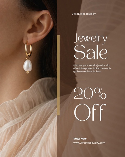 A split-screen creative showcasing a piece of pearl jewelry on the left with a minimalist text overlay and discount offer on the right.