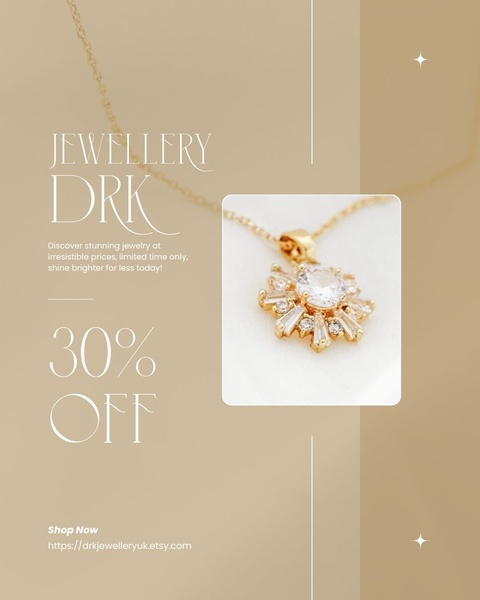 This ad features a clean, professional product shot of a gold snowflake necklace set against a soft beige background with elegant typography emphasizing a 30% discount.