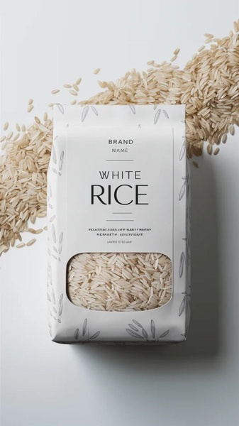 A high-quality studio shot of a branded white rice bag centered on a clean white surface with scattered grains framing the product.