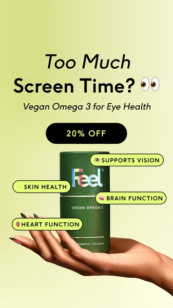 A clean 9:16 vertical creative showcasing a supplement bottle held in hand with clear benefit callouts for vision, skin, heart, and brain health.