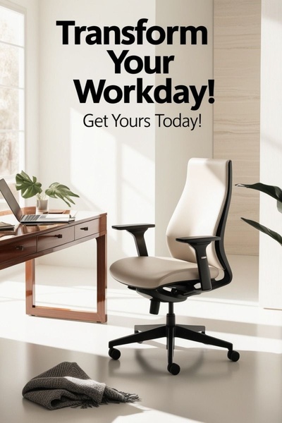 A high-end ergonomic office chair showcased in a bright, clean, sunlit home office environment to inspire professional comfort.