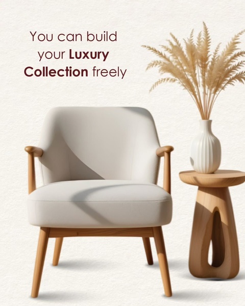 A clean, high-end studio shot of a modern armchair with a decorative vase, utilizing neutral tones and minimalist typography to convey a premium aesthetic.