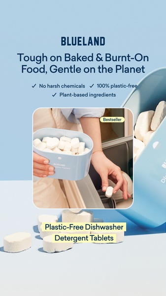 A high-performing, clean-aesthetic advertisement for eco-friendly dishwasher detergent tablets, focusing on performance and sustainability.