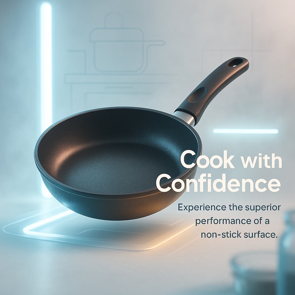 A clean, studio-lit shot of a non-stick frying pan using neon-accented lighting to highlight product quality and performance.