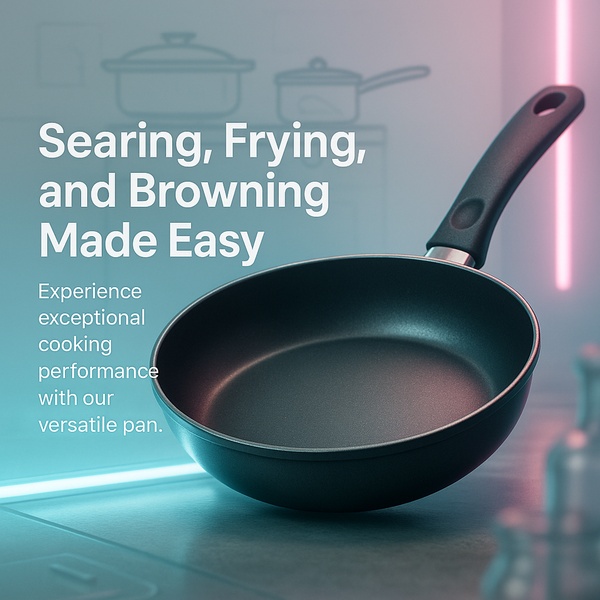 A clean, studio-lit shot of a frying pan featuring a direct value proposition for the target audience.