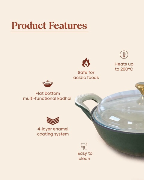 A clean, minimalist product feature display highlighting the functional benefits of a premium enamel kadhai with icons and text.