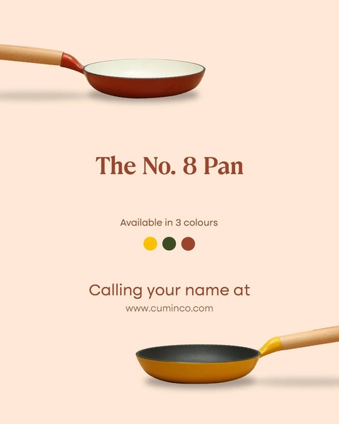 A minimalist, high-contrast ad featuring a Cooking Pan with clear color variant indicators and a direct website CTA.