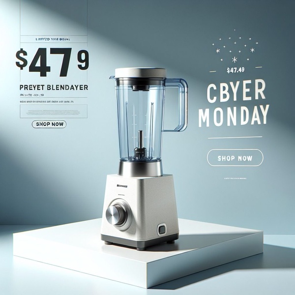 A high-contrast, minimalist promotional ad for a countertop blender featuring a Cyber Monday discount and a clean white pedestal display.