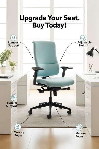 A clean, bright studio-style product creative for an ergonomic chair that uses a feature-focused diagram to highlight comfort and adjustability.