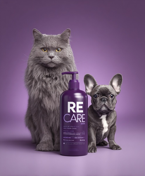 A clean, studio-lit advertisement for a pet shampoo bottle featuring a cat and a French bulldog against a solid purple background.