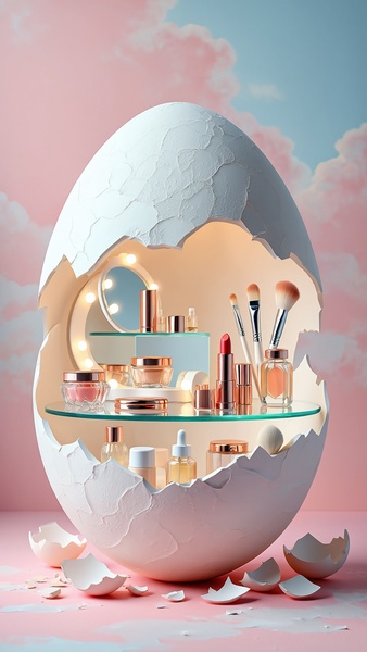 makeup, cosmetics, beauty products, makeup set, beauty collection, new arrival, product launch, minimalist, editorial, luxurious, playful, pastel, pink, blue, easter