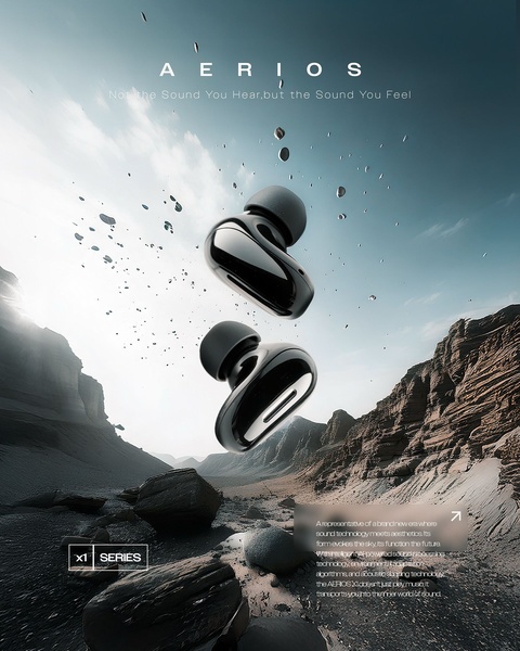 A high-concept creative featuring wireless earbuds suspended in a dramatic, rocky desert landscape under a soft, morning light.