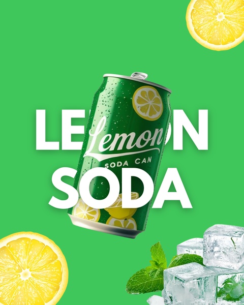 A high-energy ad featuring a floating lemon soda can surrounded by citrus slices, ice cubes, and mint leaves, centered on a vibrant green background.