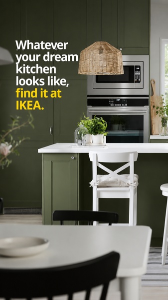 This ad creative uses a clean, lifestyle-focused shot of a kitchen interior with bold, high-contrast typography placed on the negative space.