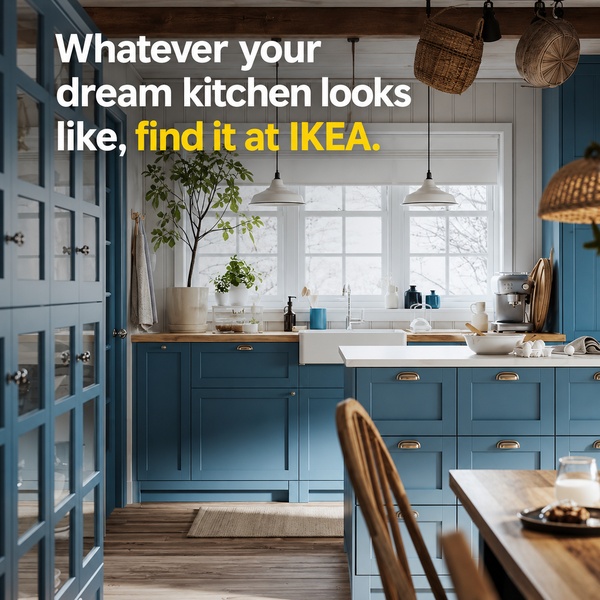 A high-end, bright kitchen interior featuring blue cabinets and natural wood accents, emphasizing a dream home aesthetic.