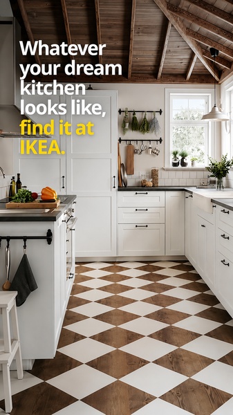 A portrait-ratio ad featuring a clean, white modern kitchen design with a high-contrast checkered floor and bold text overlay.