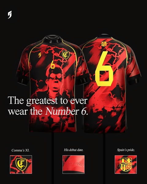 A high-end soccer jersey display featuring a dramatic dark aesthetic, bold text, and close-up detail shots highlighting specific design elements.