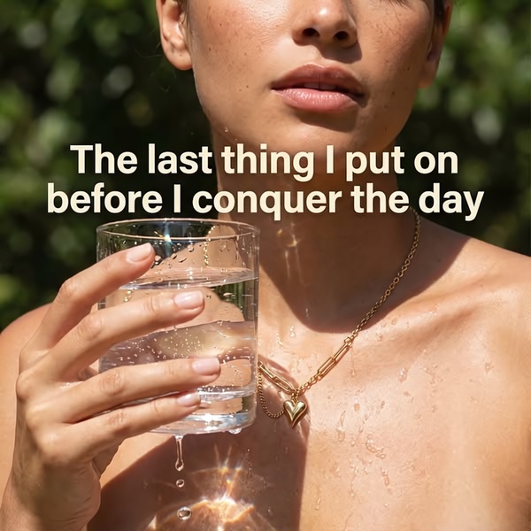 A close-up aesthetic shot of a person wearing a gold heart necklace while holding a glass of water, emphasizing the product as part of a daily routine.