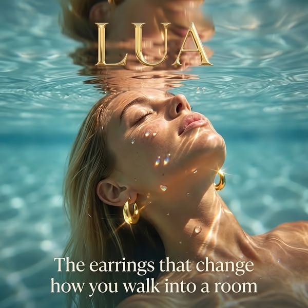 A portrait of a model partially submerged in water, wearing gold hoop earrings, with light caustics highlighting the product.