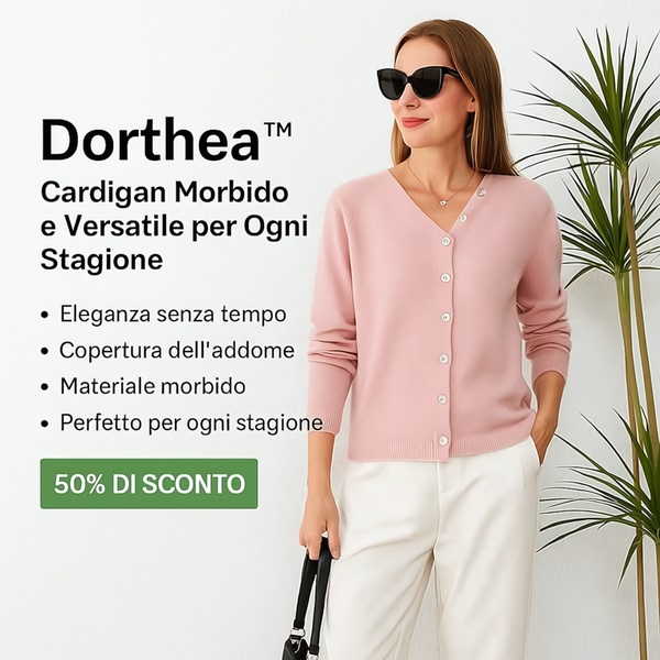 A clean, studio-lit 1:1 image featuring a woman modeling a soft cardigan with clear bulleted value propositions and a strong discount offer.