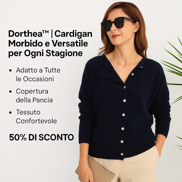 A clean, minimalist 1:1 image featuring a model wearing a dark cardigan with a bulleted list of product benefits and a 50% discount offer.