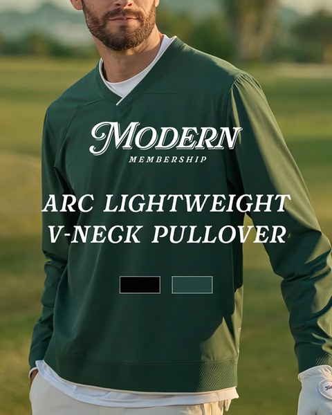 A high-quality lifestyle shot featuring a model wearing a green v-neck pullover on a golf course with clean, overlay text highlighting the product name.