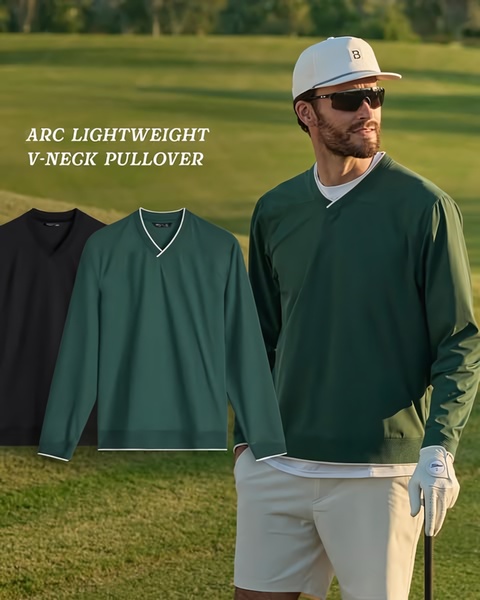 A high-end lifestyle shot featuring a model on a golf course wearing a technical v-neck pullover, presented in a clean 4:5 social media format.