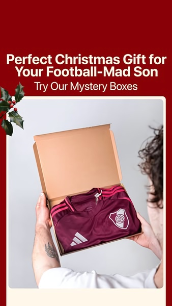 A close-up, first-person view of someone unboxing a football jersey from a mystery box, designed to leverage seasonal gift-giving interest.