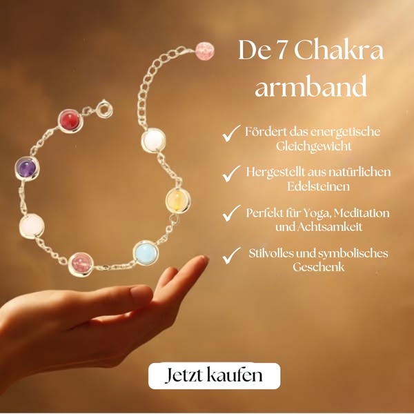 A high-conversion 1:1 square ad showcasing a 7 chakra bracelet against a warm, ethereal background with a bulleted benefit list.