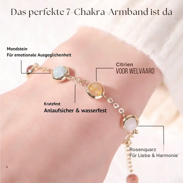 A close-up, static product shot of a 7-Chakra Bracelet with text callouts explaining the meaning and durability of the stones.