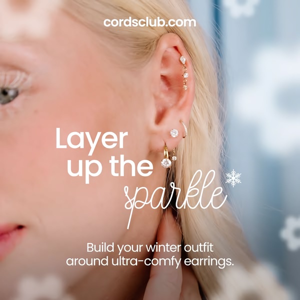 A close-up product shot featuring layered gold earrings on a model, paired with snowflake-themed graphic overlays to emphasize a seasonal aesthetic.