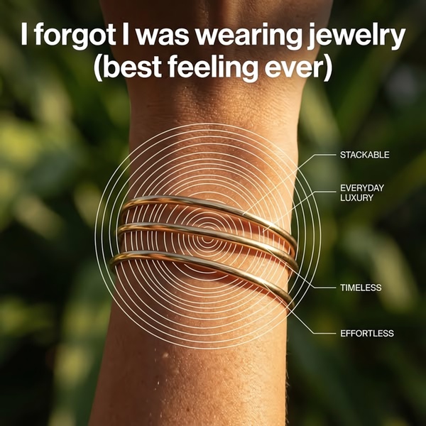 A close-up of a wrist wearing three gold bangles with an overlay of concentric circles to emphasize the comfort and stackable nature of the jewelry.