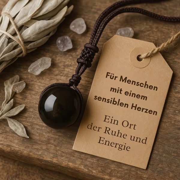 An elegant, minimalist close-up shot of a black obsidian necklace paired with sage, using emotive German text to build a sanctuary-like mood for the viewer.