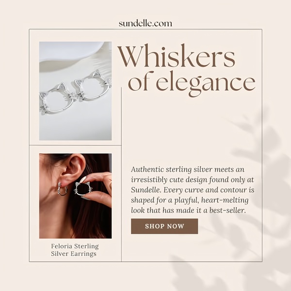 A refined, split-frame image showcasing sterling silver cat-themed earrings, blending product detail shots with lifestyle wearability.