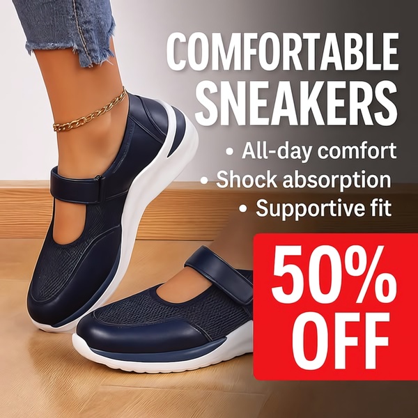 A square ad creative displaying a pair of blue slip-on sneakers with a clear list of comfort benefits and a prominent 50% off discount badge.