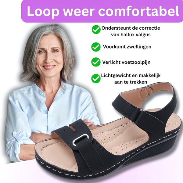 A square ad creative featuring a smiling woman alongside the orthopedic sandal, highlighting four key comfort benefits through clear green checkmarks.