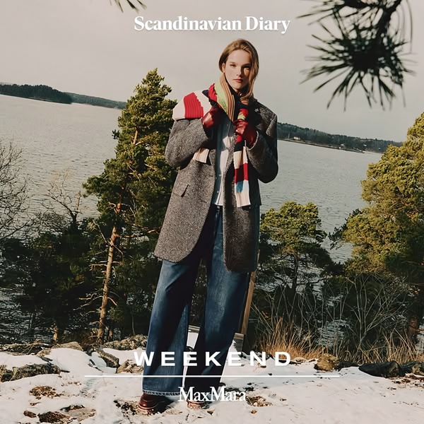 A high-end, editorial-style creative featuring a model in a charcoal wool coat standing against a serene Scandinavian landscape.