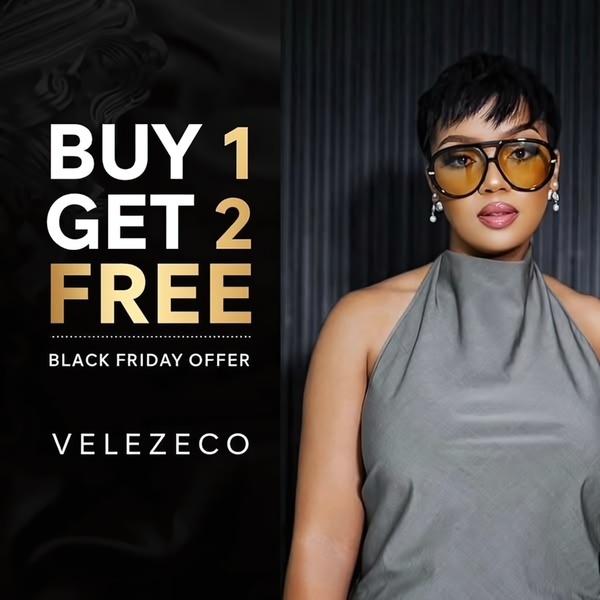 A high-contrast 1_1 ad featuring a stylish model wearing branded sunglasses, promoting a generous Buy 1 Get 2 Free Black Friday sale.