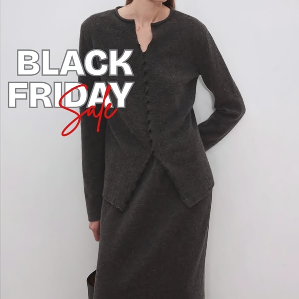 A clean, high-contrast promotional ad for a cardigan set that utilizes simple typography to highlight a holiday sales event.