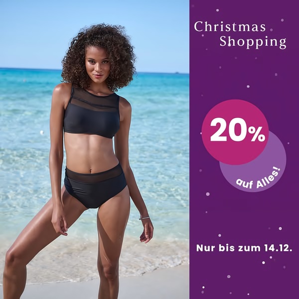 A festive sale ad featuring a model in a black bikini on a sunny beach, promoting a 20% discount offer expiring on December 14th.