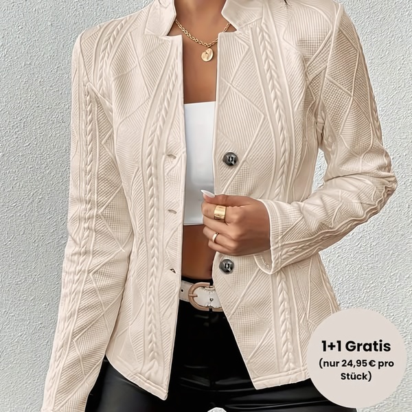 A clean, high-contrast creative showcasing a neutral-toned blazer with a clear 1+1 offer incentive.