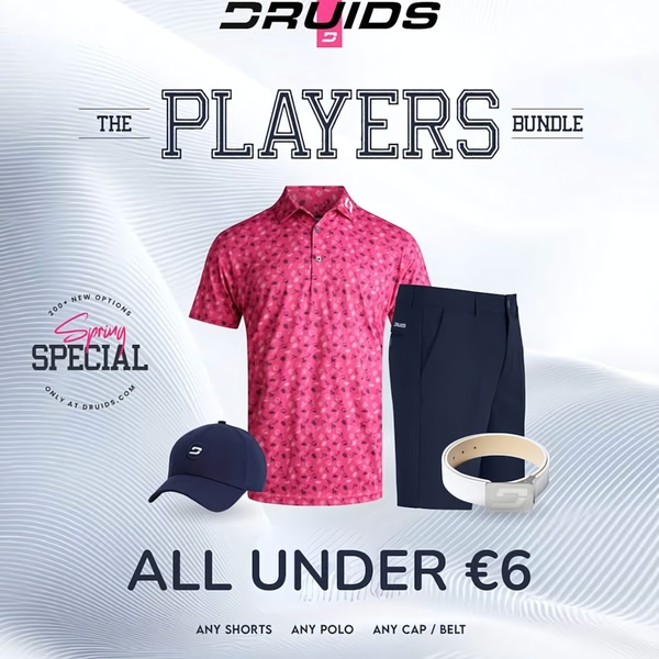 golf clothing, polo shirt, golf shorts, golf cap, golf belt, activewear bundle, sports apparel, bundle offer, sale promotion, minimalist, bold, energetic, pink, neutral