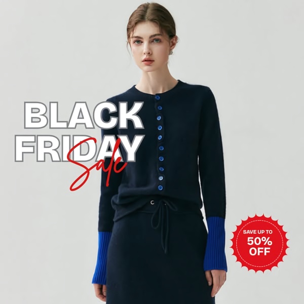 A clean, studio-lit shot of a model wearing a navy cardigan with bold Black Friday promotional text overlaid.